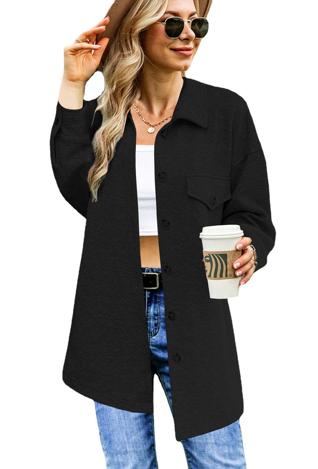 Damen Longline Oversize Hemdjacke mit aufgesetzten Pattentaschen und Strukturstoff Shop Nory