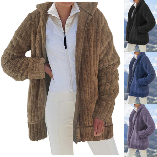 Damen Oversize Teddy‑Fleece Kapuzenmantel mit Rippbündchen und Eingrifftaschen Shop Nory