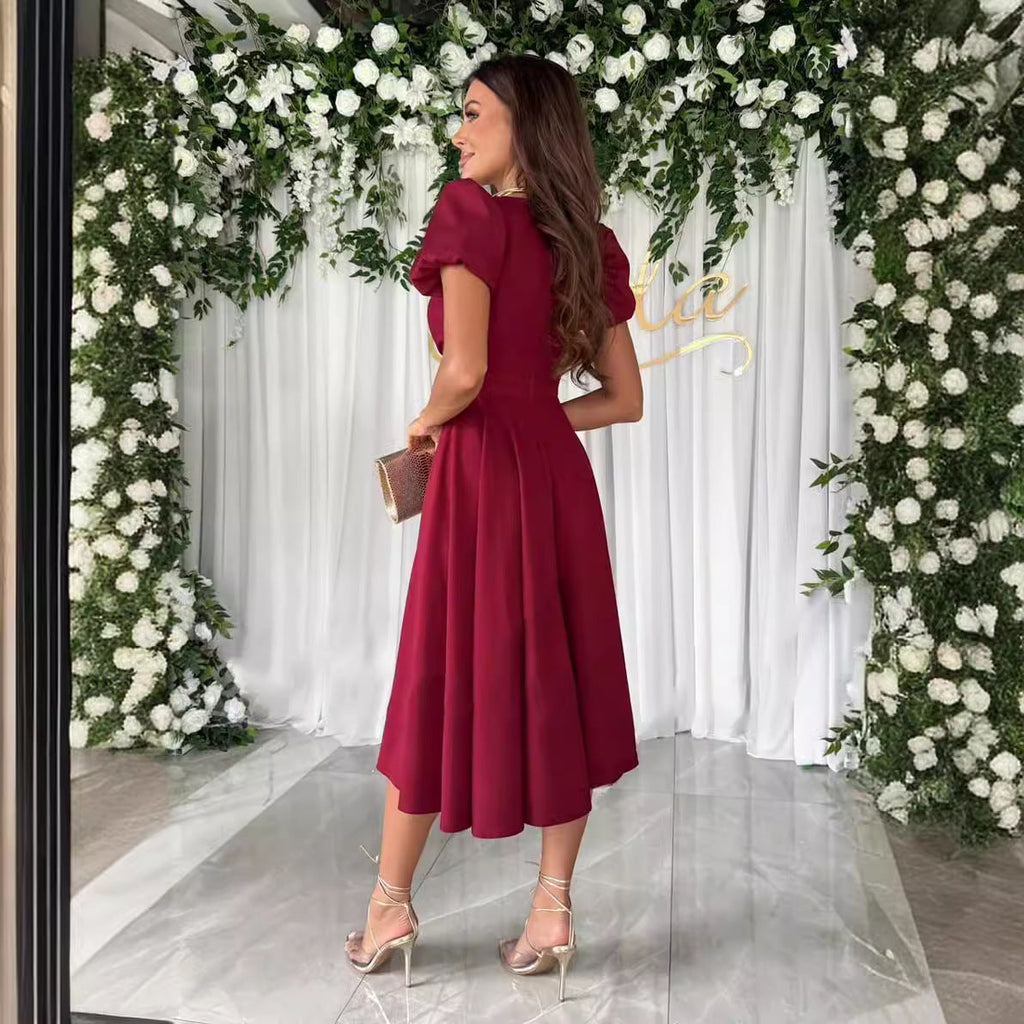 Damen A-Linie Kleid mit Puffärmeln und schmalem V-Ausschnitt