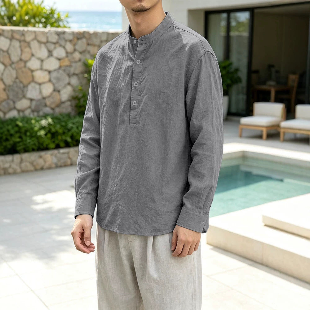 Herren Leinen-Mix Langarmshirt Henley mit Stehkragen Shop Nory