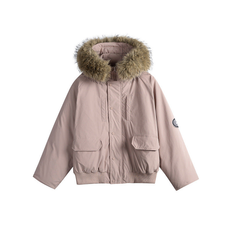 Damen Kurz-Bomberjacke mit Thermowattierung, Kapuze mit abnehmbarem Kunstfell und Utility-Taschen Shop Nory