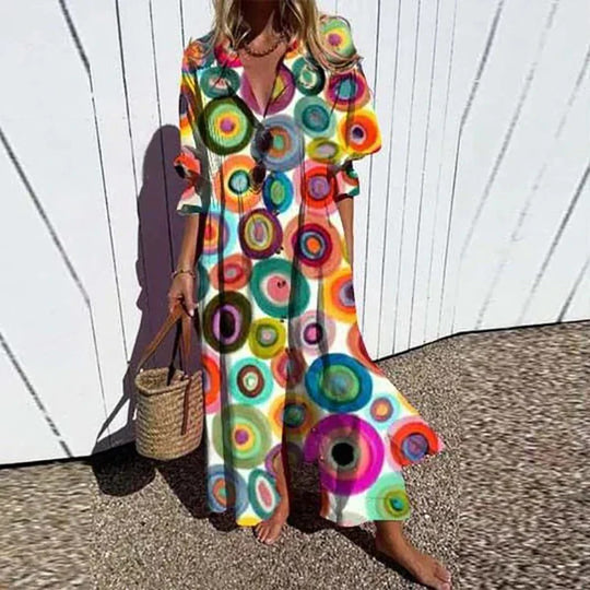 Frauen Fließendes Maxikleid mit Durchgehendem Knopfverschluss V-Ausschnitt und Volksdruck Shop Nory