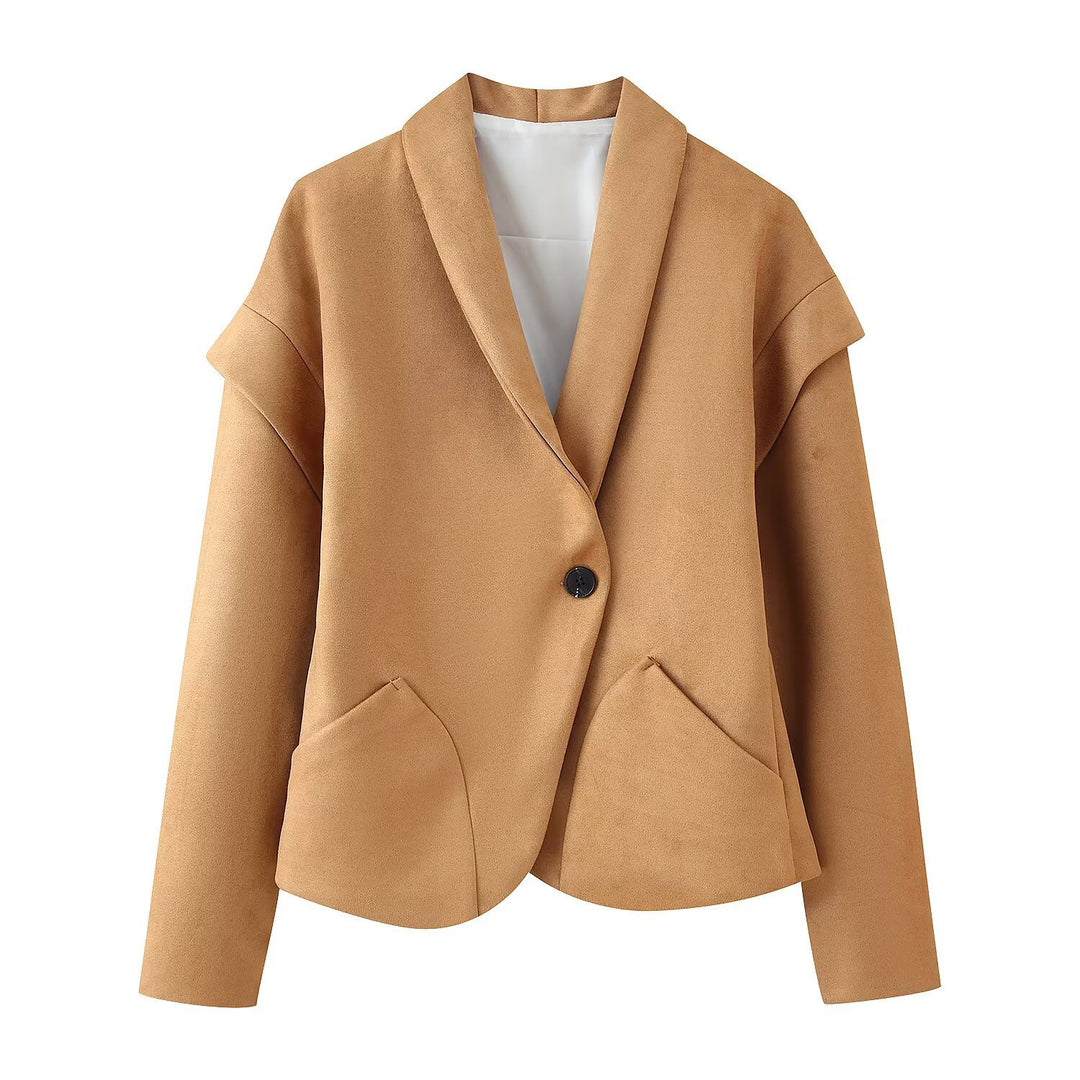 Damen Kurzblazer aus Wildlederoptik mit Schalkragen und abgerundetem Saum Shop Nory