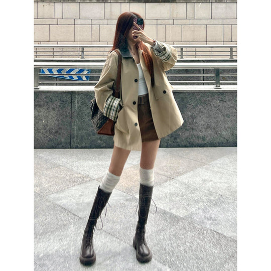 Damen Kurzjacke im Oversize-Boxy-Schnitt mit karierten Aufschlagmanschetten und Pattentaschen Shop Nory