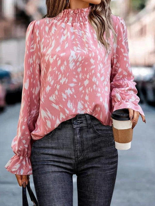 Damen Langarm-Chiffonbluse mit gerafftem Stehkragen und Fleckenmuster Shop Nory
