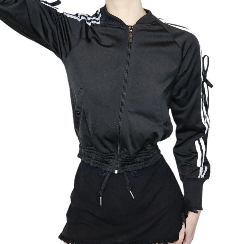 Damen nan sportive Zip-Jacke im Bomberstil mit seitlichen Streifen, Ärmel-Bindebändern und Kordelbund Shop Nory