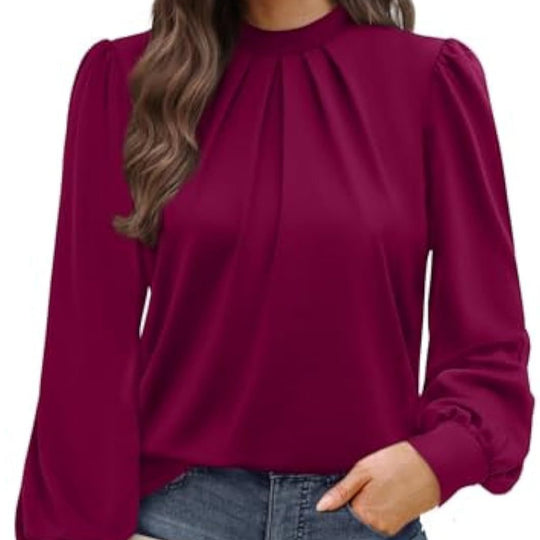 Damen Langärmelige Satinbluse mit Stehkragen, Brustfalten und gerippten Bündchen Shop Nory