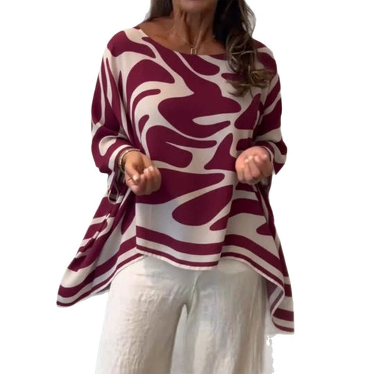 Damen Oversize Sommerbluse mit abstraktem Print, Fledermausärmeln und asymmetrischem Saum Shop Nory