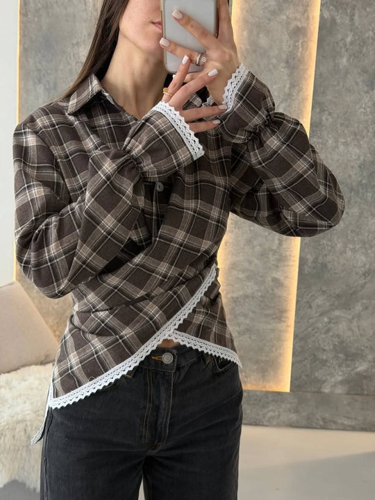 Damen kariertes Hemd mit Spitzenbesatz und asymmetrischem Wickel-Saum Shop Nory