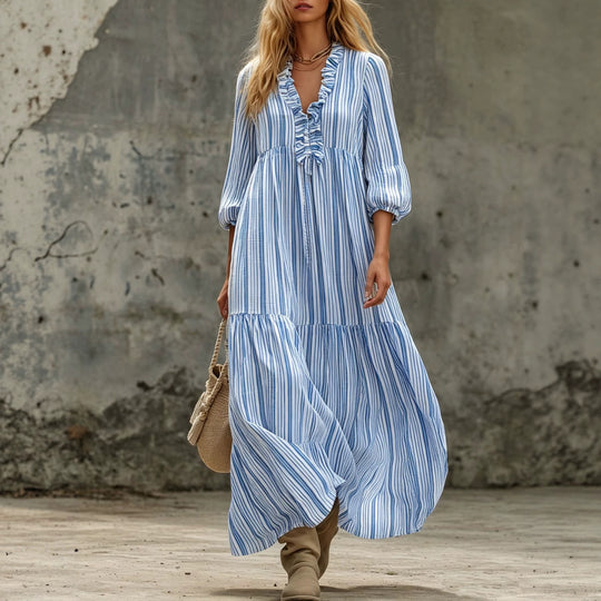 Damen Maxikleid mit Rüschen-V-Ausschnitt und Ballonärmeln Shop Nory