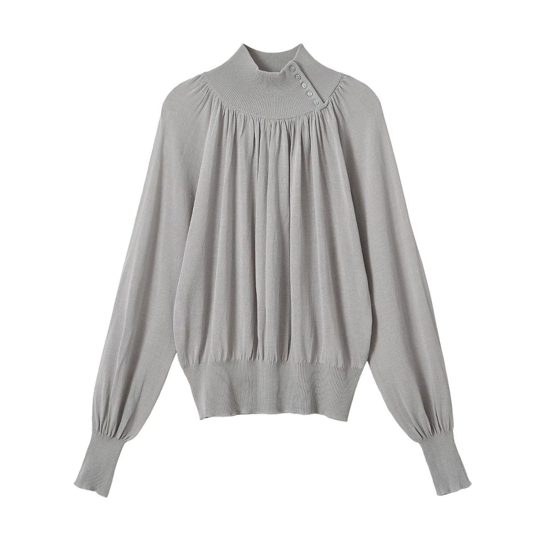 Damen Ballonärmel-Feinstrickpullover mit gerafftem Stehkragen und Knopfdetail Shop Nory