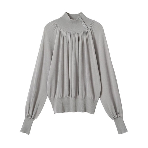 Damen Ballonärmel-Feinstrickpullover mit gerafftem Stehkragen und Knopfdetail Shop Nory