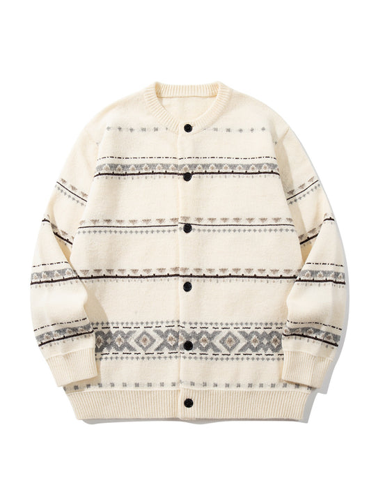 Unisex Strukturierte Jacquard-Strickjacke mit Rundhalsausschnitt, Oversize-Passform und Knopfleiste Shop Nory