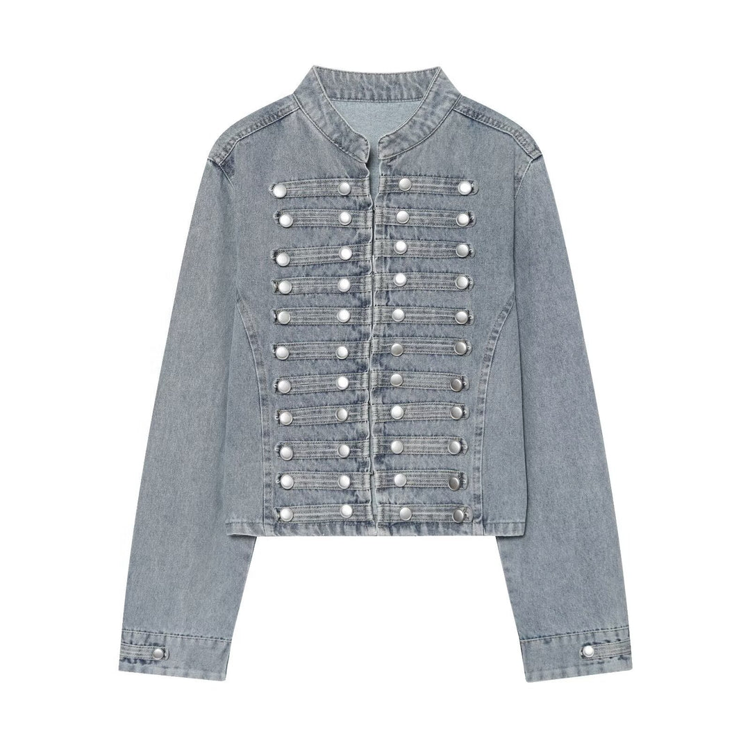 Damen Kurz geschnittene Denimjacke im Militärstil mit Stehkragen und Zierknopfreihen Shop Nory