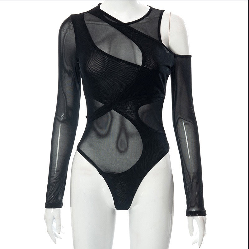 Damen Body mit asymmetrischem Design und transparenten Ärmeln