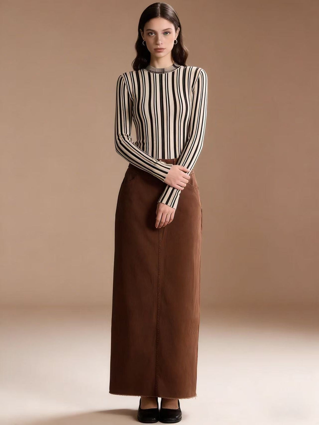 Damen Maxi-Denim-Rock mit hohem Bund und fransigem Saum