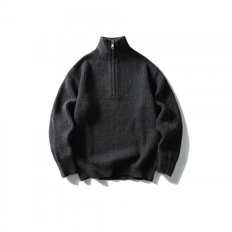 Unisex Strukturierter Halbzip-Strickpullover mit hohem Stehkragen und geripptem Rippstrick Shop Nory