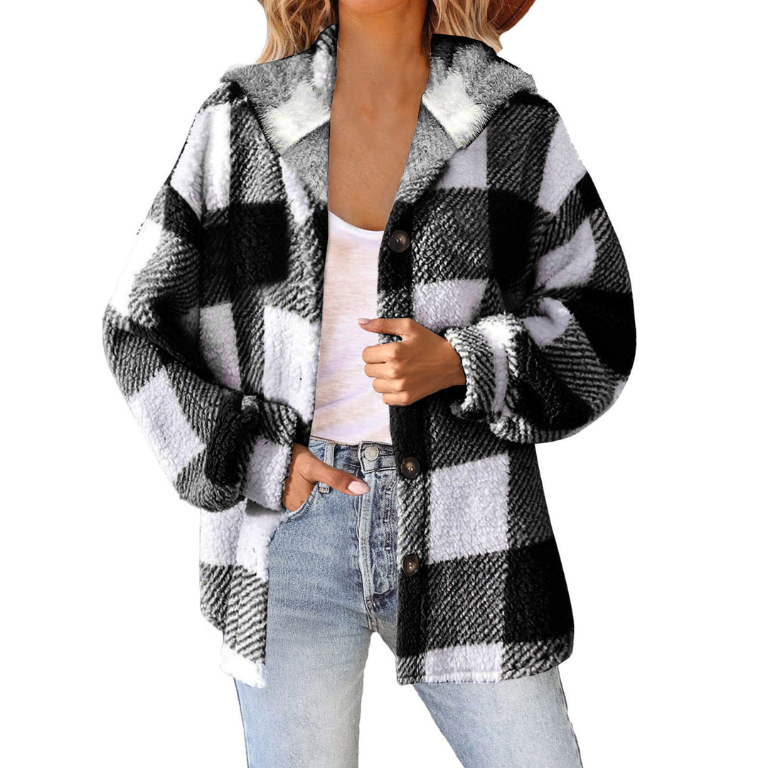 Damen nan kuschelige karierte Teddyjacke mit Kapuze, Knopfverschluss und oversized Schnitt Shop Nory