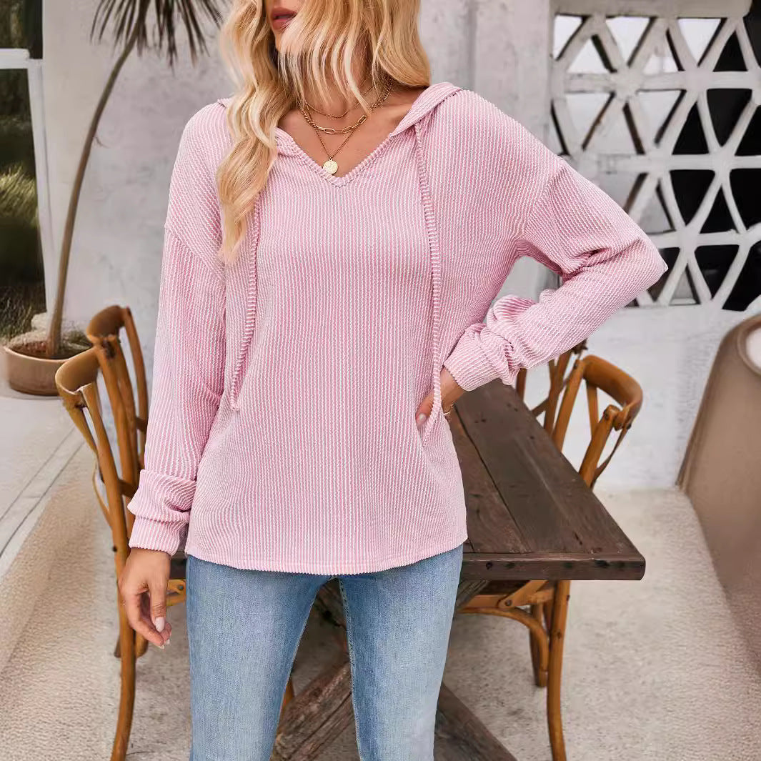 Damen lässiger Sweater mit V-Ausschnitt und Kordelzug