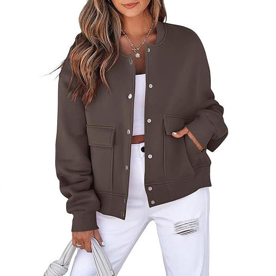 Damen Oversized Bomberjacke aus French Terry mit Druckknopf und aufgesetzten Taschen Shop Nory