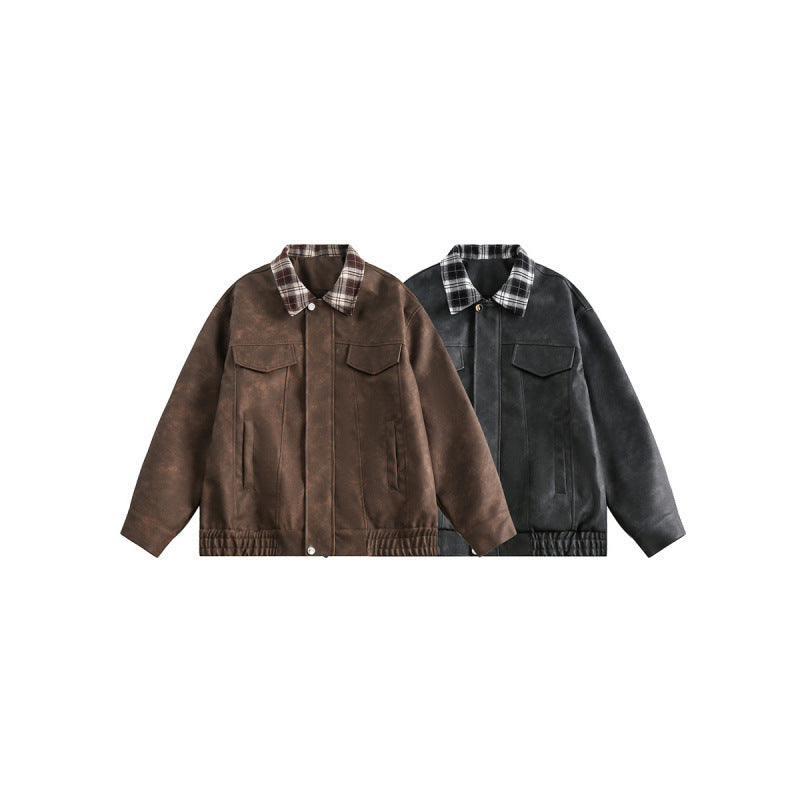 Herren Velourslederoptik Bomberjacke mit kariertem Hemdkragen, Pattentaschen und elastischem Saum Shop Nory