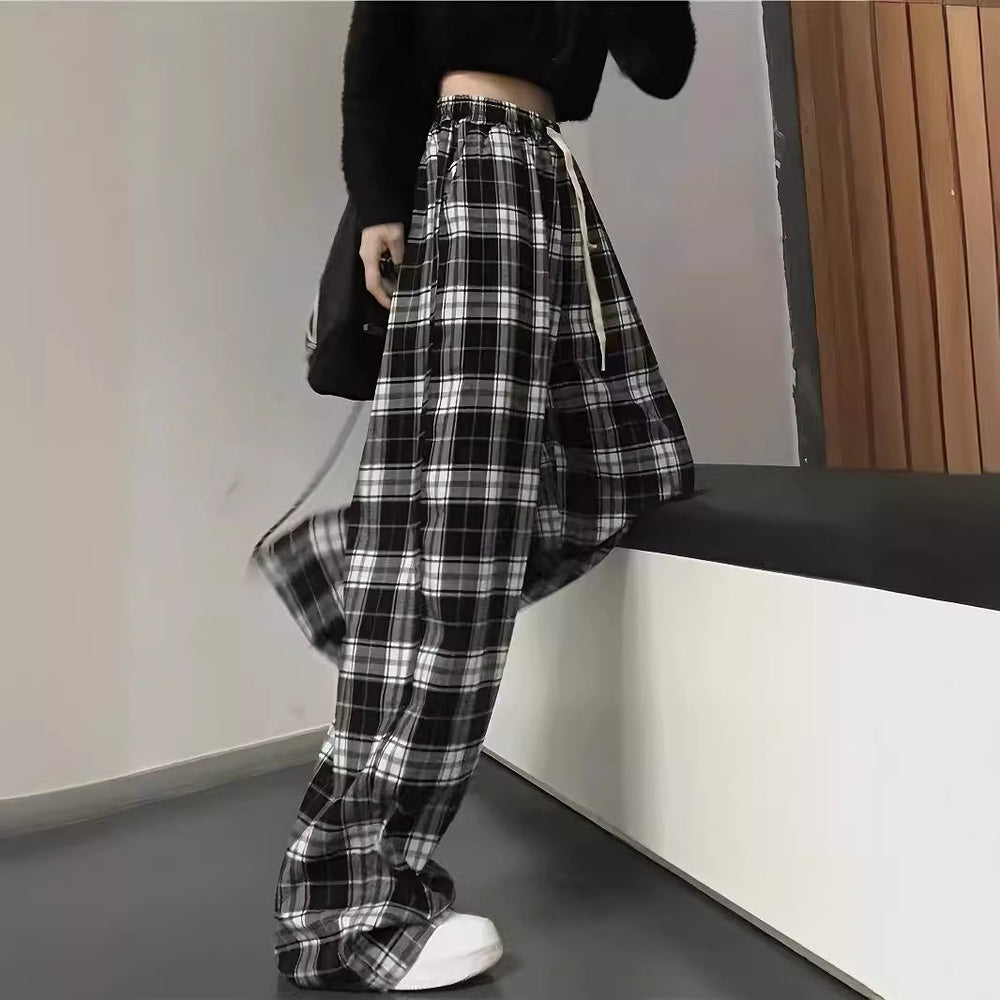 Damen weite Karohose mit Gummizug und anpassbarem Kordelzug