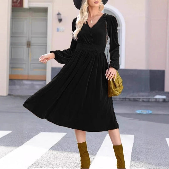 Damen Midikleid aus Samt mit V-Ausschnitt, geraffter Smock-Taille und langen Ballonärmeln Shop Nory