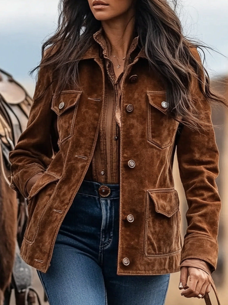 Damen Wildlederjacke im Westernstil mit Knopfleiste und Pattentaschen Shop Nory