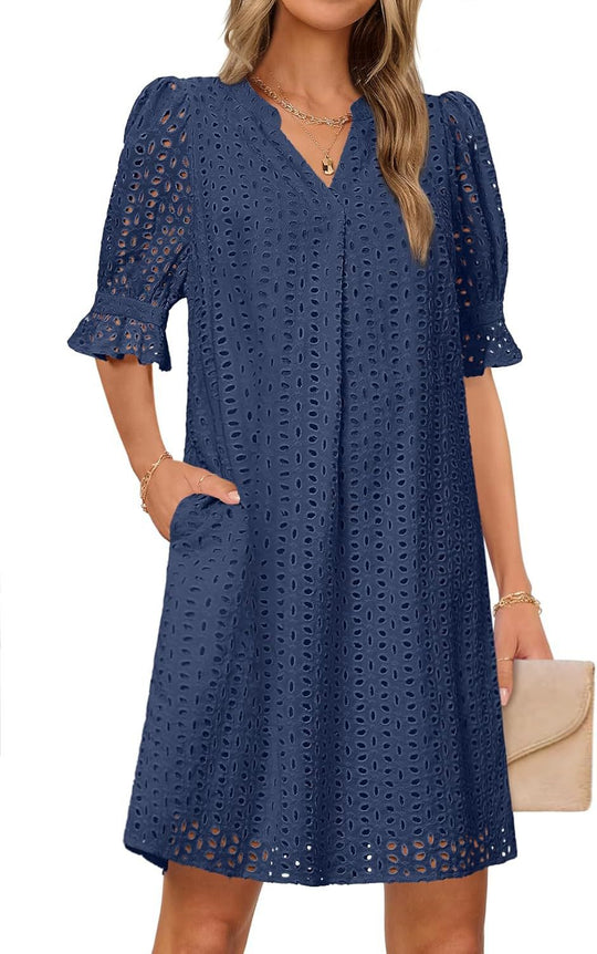 Damen luftiges Blumenkleid mit eleganten Lochdetails