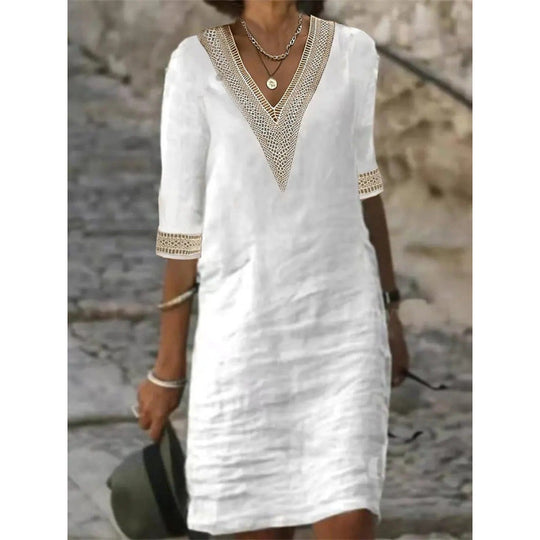 Damen Leichtes Leinen-Midikleid mit V-Ausschnitt und Häkelspitzenbesatz Shop Nory