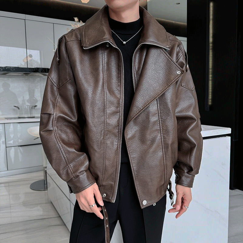 Herren Oversized Lederjacke mit weitem asymmetrischen Revers und Taillengürtel Shop Nory