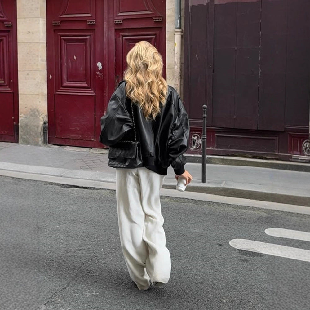 Damen Boxy-Lederimitat-Blouson mit Stehkragen und gerafften Bündchen Shop Nory