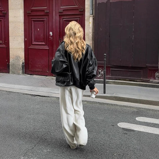 Damen Boxy-Lederimitat-Blouson mit Stehkragen und gerafften Bündchen Shop Nory