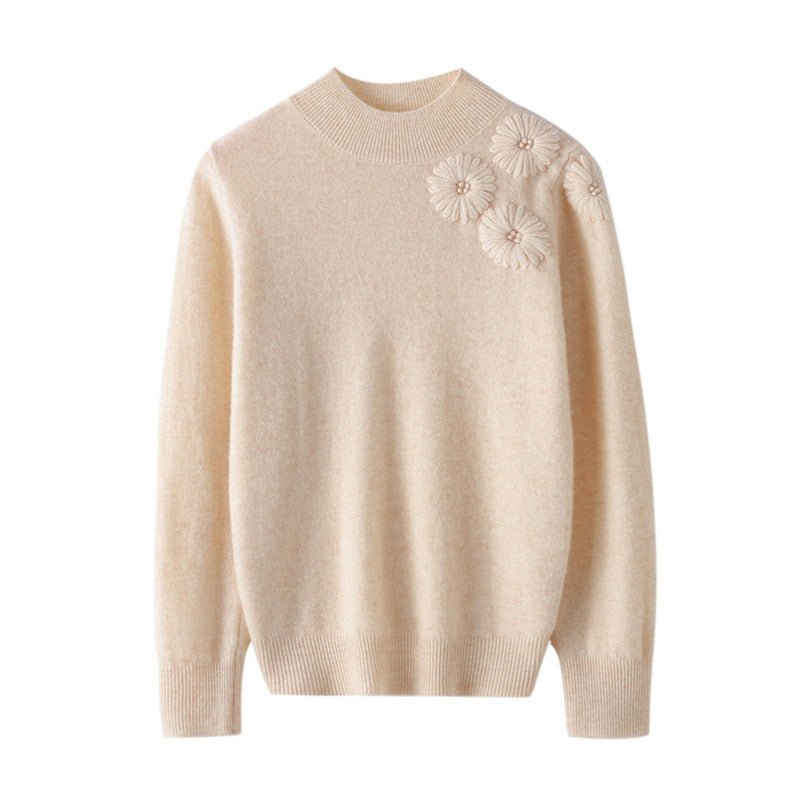 Damen Weicher Feinstrickpullover mit kurzem Stehkragen, 3D‑Blütenapplikation und gerippten Bündchen Shop Nory
