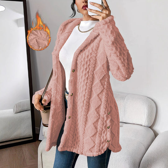 Damen Oversize Strickmantel mit Kapuze, Jacquard‑Struktur und Knopfleiste Shop Nory