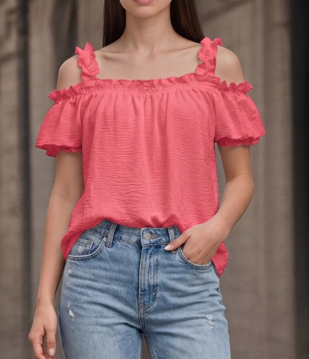 Damen Schulterfreies Crinkle-Top mit Smok-Bandeau, Rüschen‑Trägern und Flügelärmeln Shop Nory