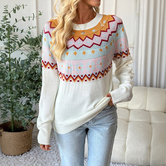 Damen Gemusterter Strickpullover mit Rundhalsausschnitt und Fair-Isle-Motiv Shop Nory