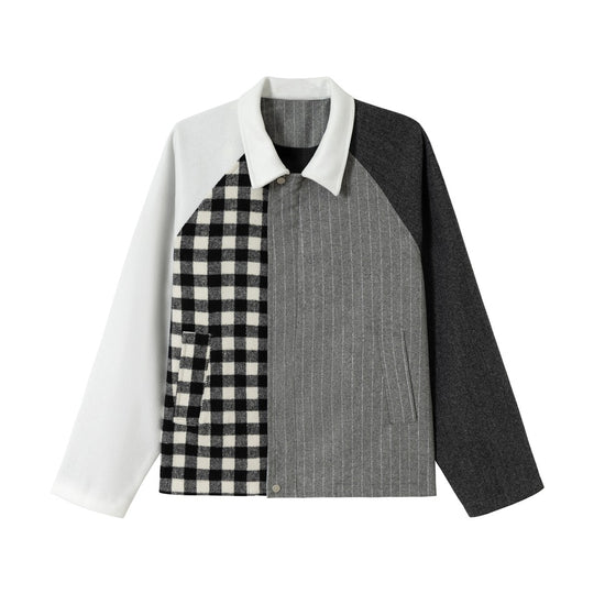 Unisex Kastig geschnittene Patchwork-Blousonjacke aus Wollmix mit Hemdkragen Shop Nory