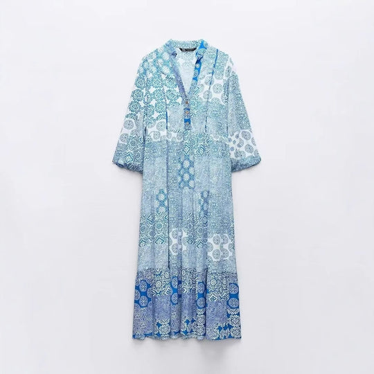 Damen Maxi‑Kleid im Patchwork‑Print mit V‑Ausschnitt, Stufenrock und 3/4‑Ärmeln Shop Nory