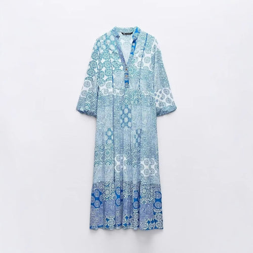 Damen Maxi‑Kleid im Patchwork‑Print mit V‑Ausschnitt, Stufenrock und 3/4‑Ärmeln Shop Nory