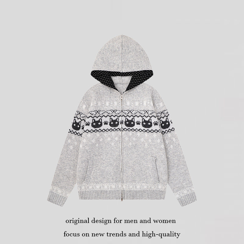 Damen Kapuzen-Strickjacke mit Norwegermuster, zweifachem Reißverschluss und Kängurutaschen Shop Nory