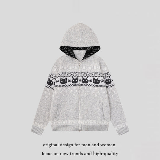 Damen Kapuzen-Strickjacke mit Norwegermuster, zweifachem Reißverschluss und Kängurutaschen Shop Nory
