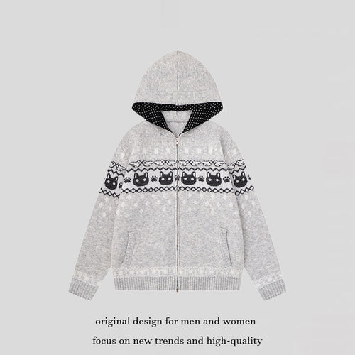 Damen Kapuzen-Strickjacke mit Norwegermuster, zweifachem Reißverschluss und Kängurutaschen Shop Nory