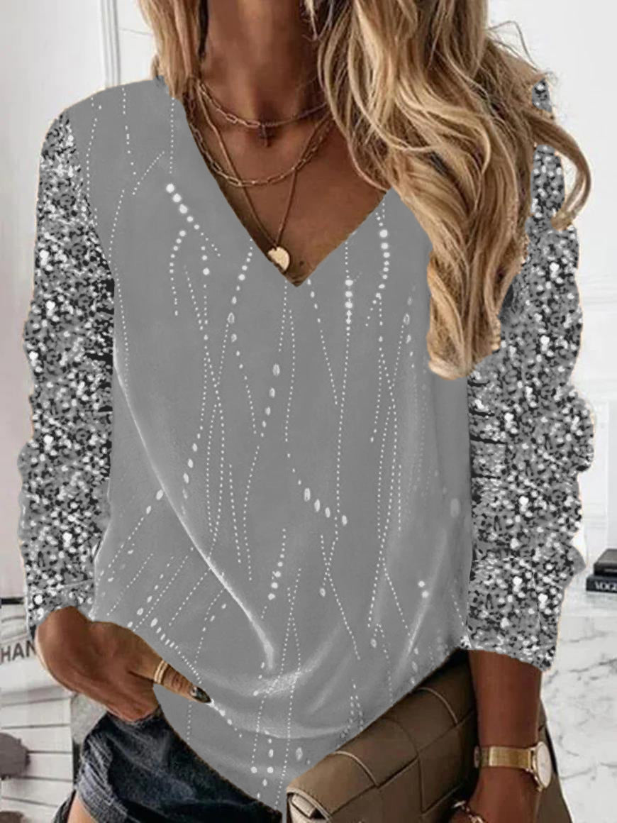 Damen Festliche V-Ausschnitt Bluse mit Paillettenärmeln und leichter Drapierung Shop Nory