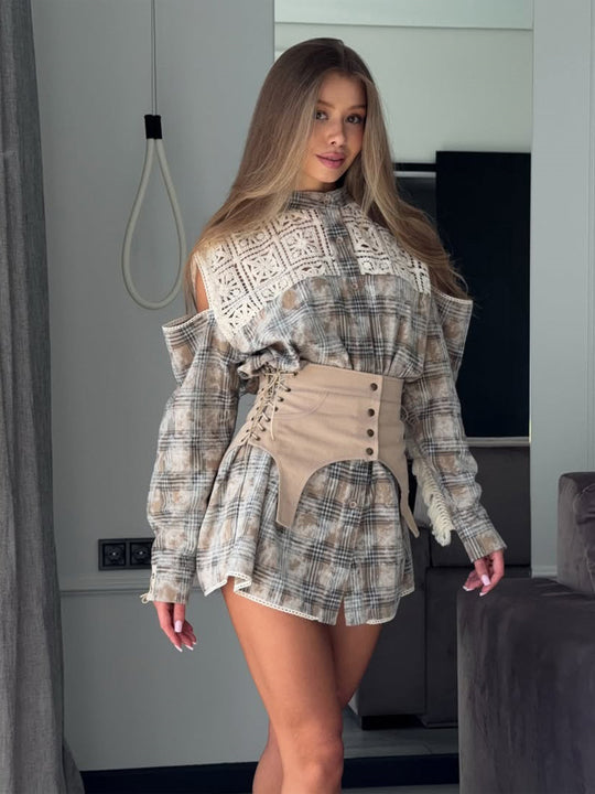 Damen Oversized-Karo‑Hemdkleid mit Häkel‑Yoke & taillierendem Schnür‑Korsettgürtel Shop Nory