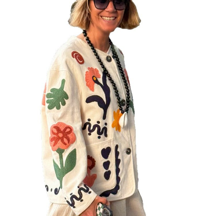 Damen bestickte Boxy-Jacke mit floraler Applikation und aufgesetzten Taschen Shop Nory