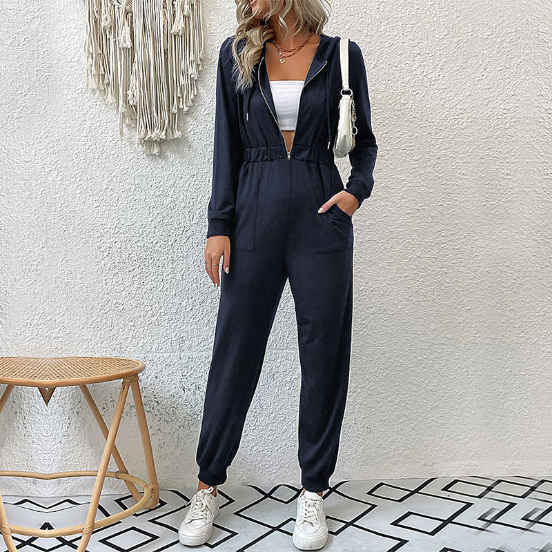 Damen Lässiger Jumpsuit-Overall mit Reißverschluss, elastischer Taille und Bündchen Shop Nory