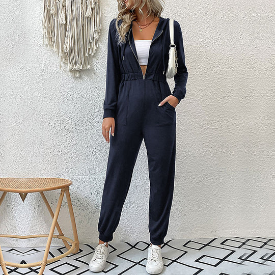 Damen Lässiger Jumpsuit-Overall mit Reißverschluss, elastischer Taille und Bündchen Shop Nory