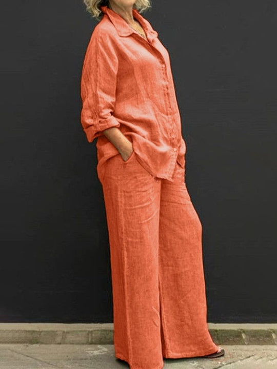 Damen Leichtes Leinen-Loungewear-Set mit Oversized-Hemd und weiter Palazzo-Hose Shop Nory