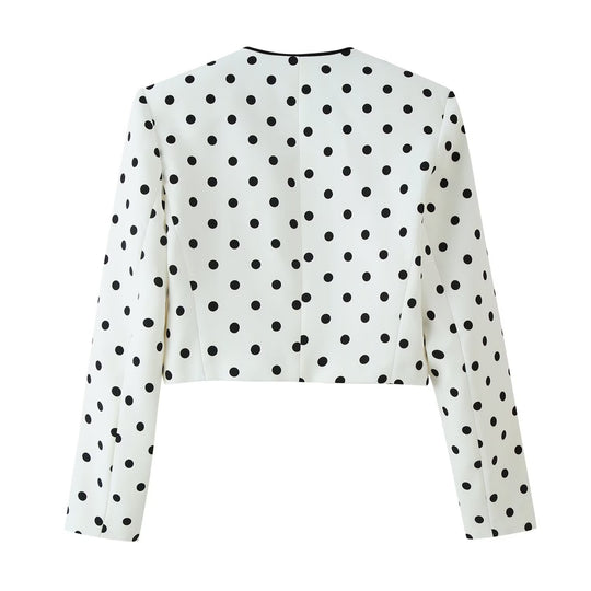 Damen Kurzblazer im Punkte-Design mit schwarzer Kontrastpaspel und Rundhalsausschnitt Shop Nory